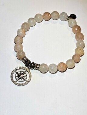 T. Jazelle Beaded Stretch Bracelet Faceted Beige White Stones Compass